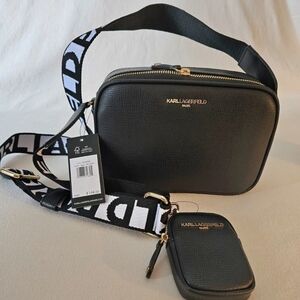 NWT Karl Lagerfeld Black Crossbody Camers Bag with Gold Details